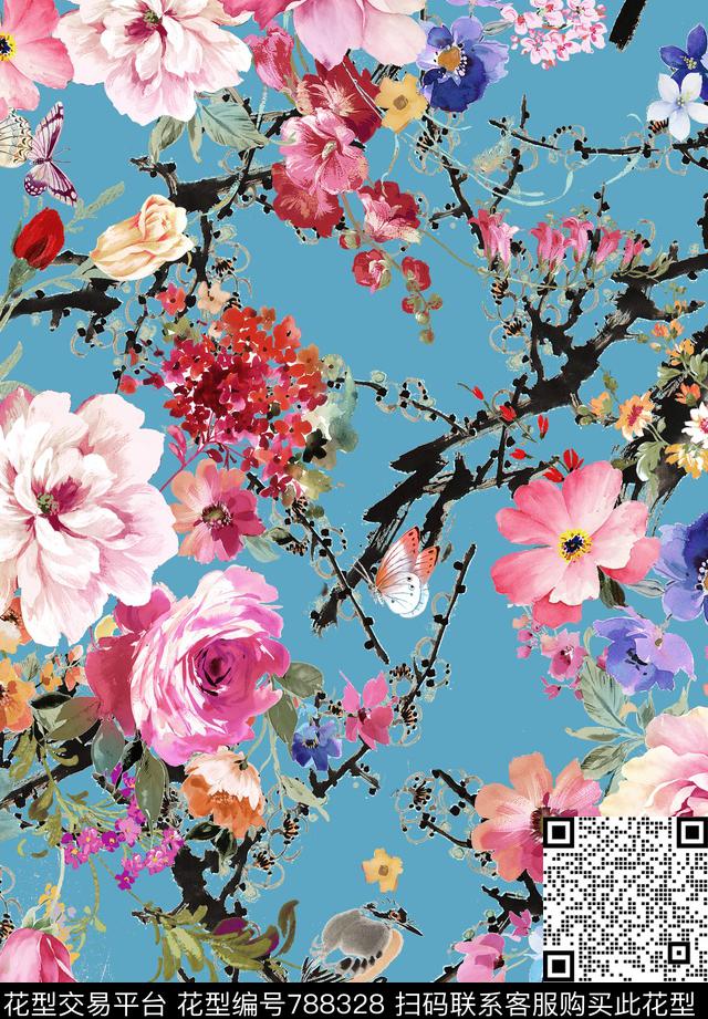 花卉花朵水墨水彩数码印花华亿平台下载（图片编号: 788328） - 瓦栏（Walan）