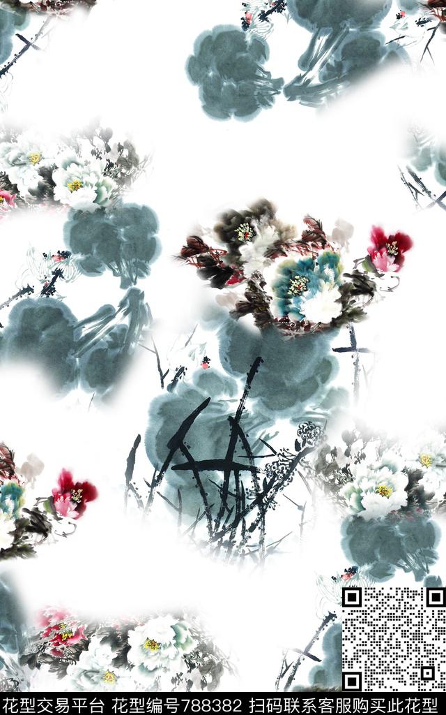 桃花荷花水墨风数码印花华亿平台下载（图片编号: 788382） - 瓦栏（Walan）