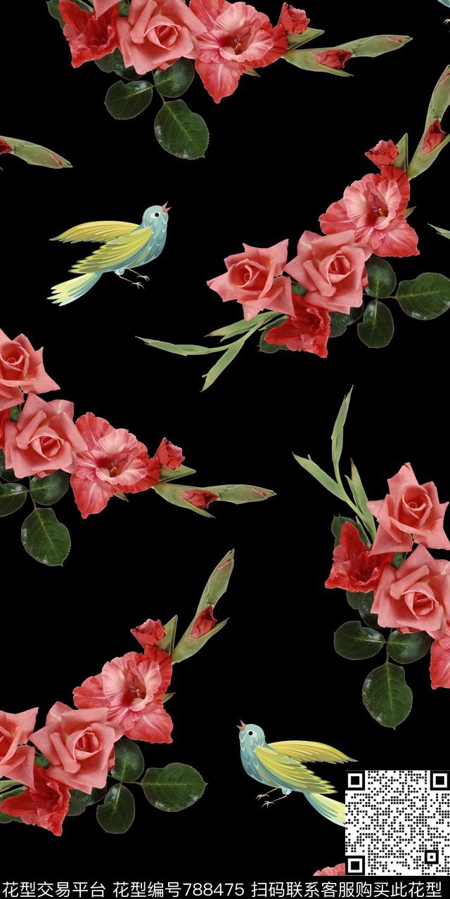 玫瑰花鸟花卉数码印花华亿平台下载（图片编号: 788475） - 瓦栏（Walan）