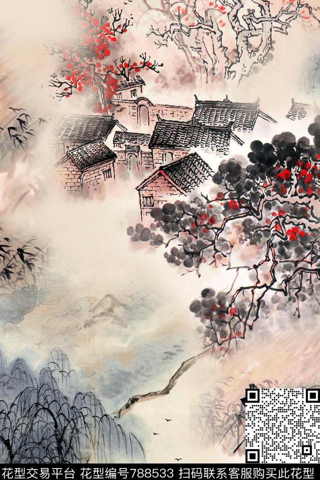 风景水墨绘画数码印花华亿平台下载（图片编号: 788533） - 瓦栏（Walan）