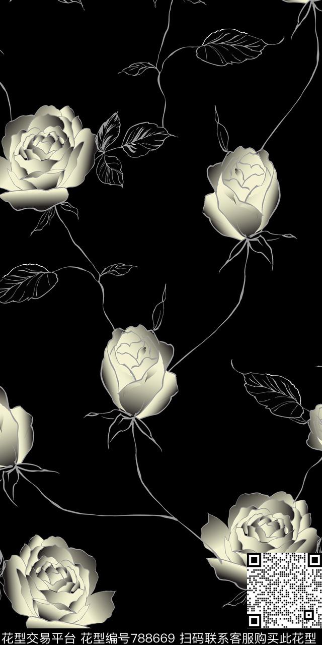 百合玫瑰玉兰花数码印花华亿平台下载（图片编号: 788669） - 瓦栏（Walan）