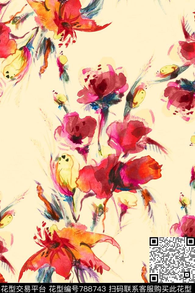手绘抽象花卉数码印花华亿平台下载（图片编号: 788743） - 瓦栏（Walan）