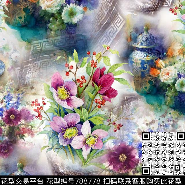百合雏菊白描意境数码印花华亿平台下载（图片编号: 788778） - 瓦栏（Walan）