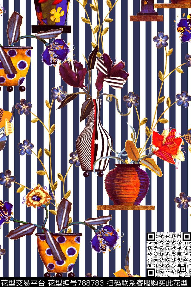 时尚手绘条纹数码印花华亿平台下载（图片编号: 788783） - 瓦栏（Walan）