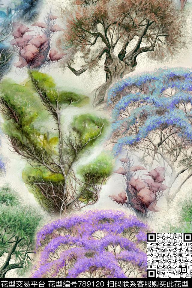 肌理油画树木数码印花华亿平台下载（图片编号: 789120） - 瓦栏（Walan）