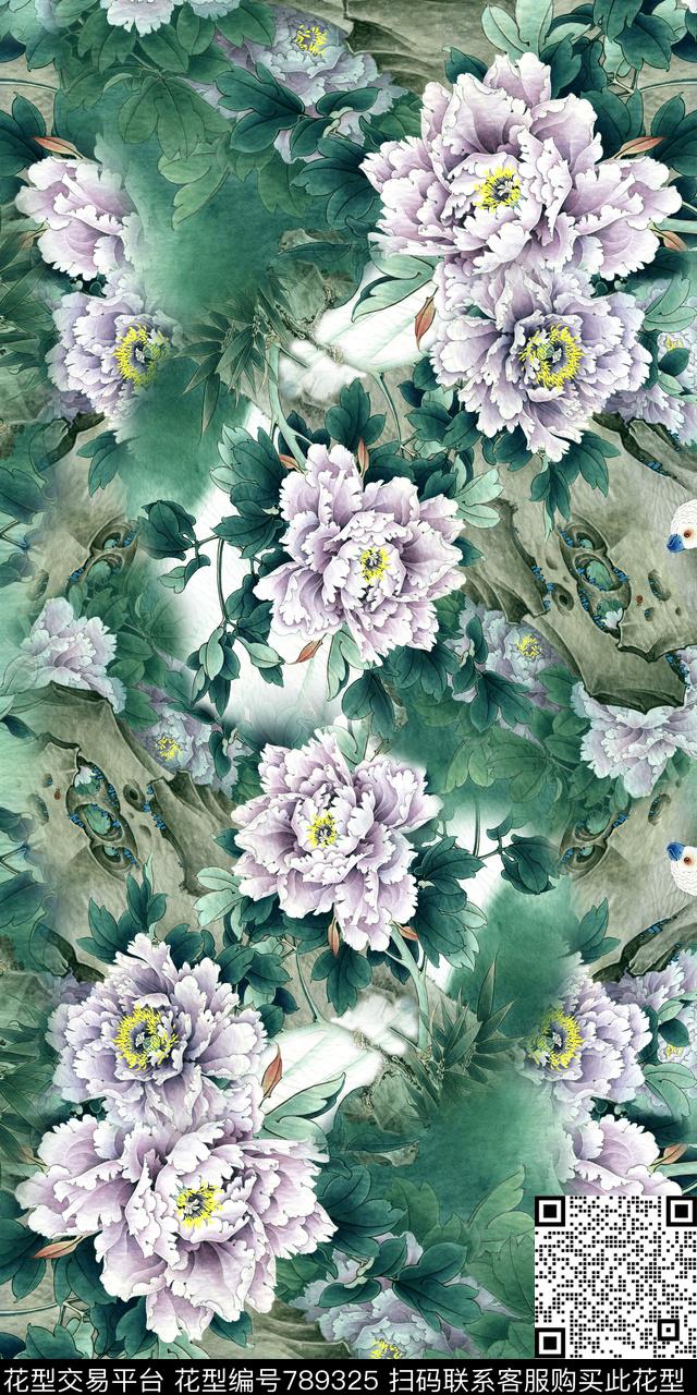 紫花绿叶中国风数码印花华亿平台下载（图片编号: 789325） - 瓦栏（Walan）