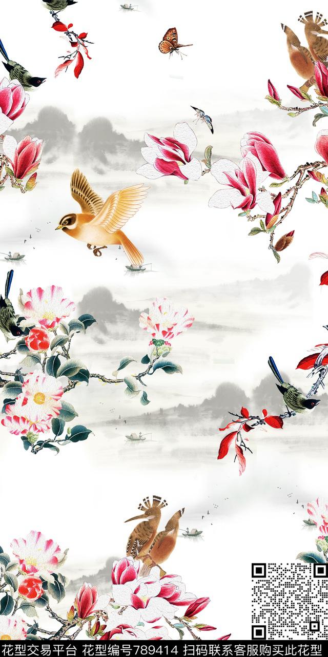大花花朵花鸟数码印花华亿平台下载（图片编号: 789414） - 瓦栏（Walan）
