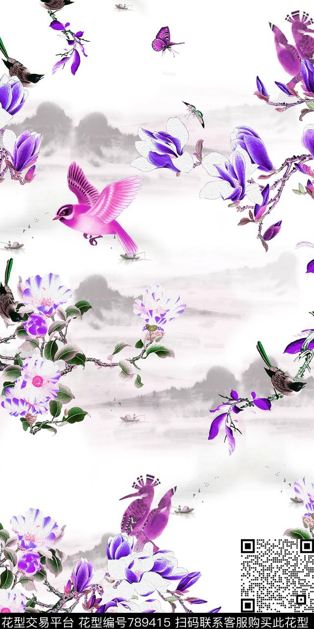大花花朵花鸟数码印花华亿平台下载（图片编号: 789415） - 瓦栏（Walan）