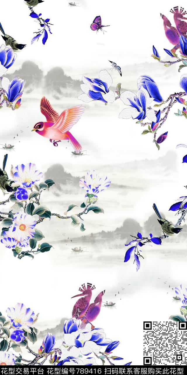 大花花朵花鸟数码印花华亿平台下载（图片编号: 789416） - 瓦栏（Walan）