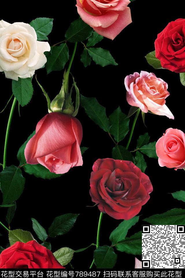 浪漫叶子玫瑰数码印花华亿平台下载（图片编号: 789487） - 瓦栏（Walan）
