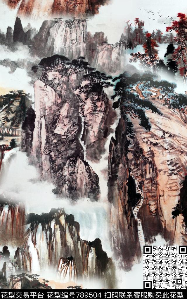 山水水墨中国风传统印花华亿平台下载（图片编号: 789504） - 瓦栏（Walan）