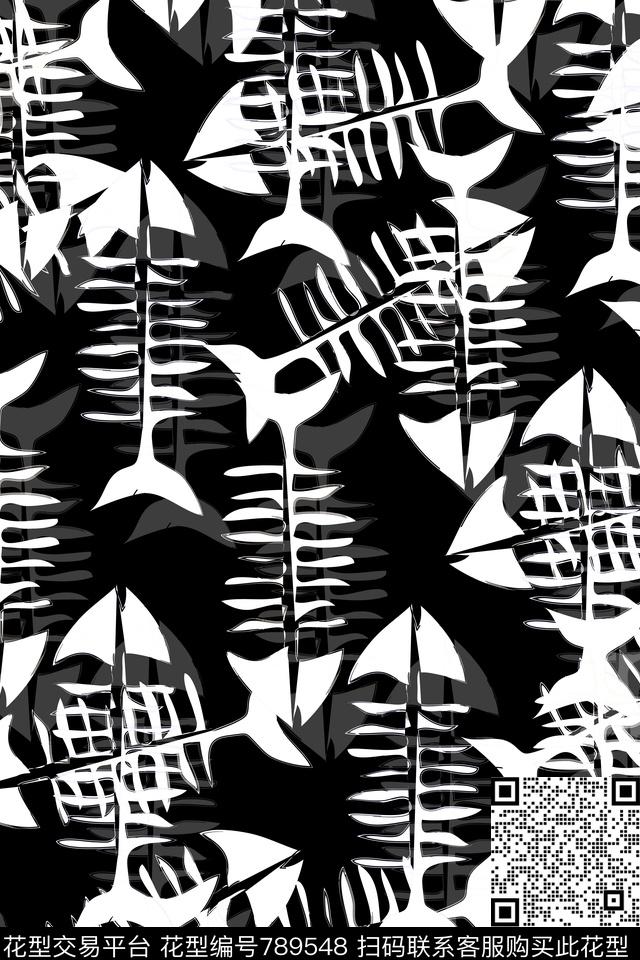 黑白花动物纹鱼骨传统印花华亿平台下载（图片编号: 789548） - 瓦栏（Walan）