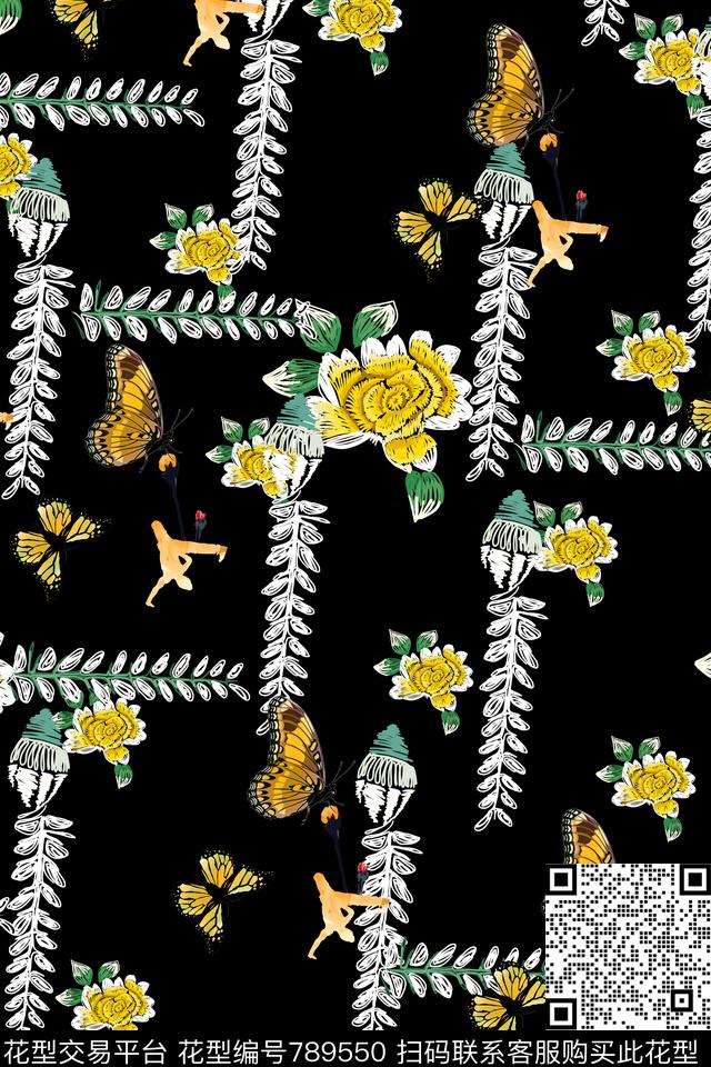 蝴蝶牡丹趣味传统印花华亿平台下载（图片编号: 789550） - 瓦栏（Walan）