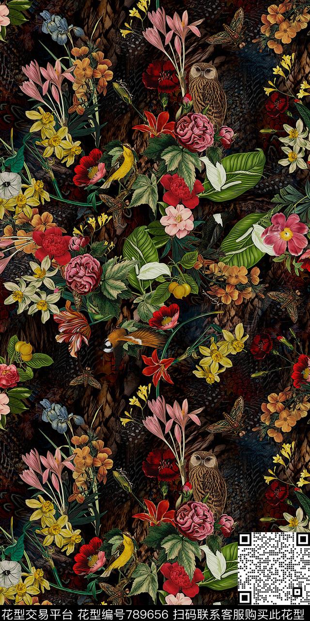 油画黑底花卉数码印花华亿平台下载（图片编号: 789656） - 瓦栏（Walan）