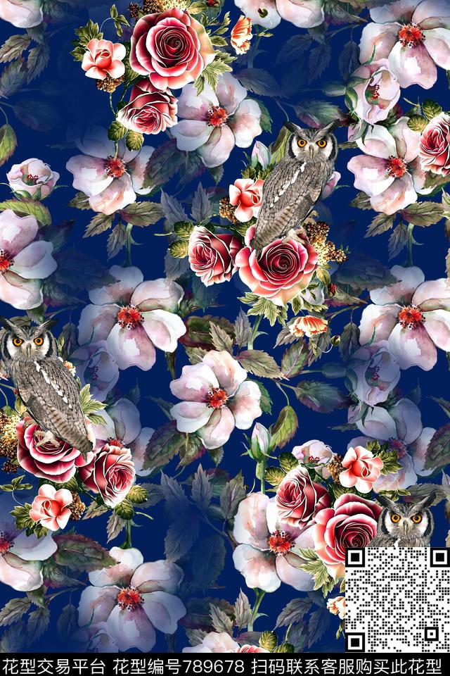 数码花朵猫头鹰数码印花华亿平台下载（图片编号: 789678） - 瓦栏（Walan）
