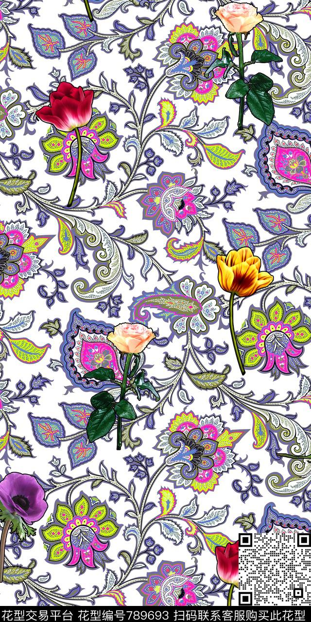 腰果花朵佩斯利数码印花华亿平台下载（图片编号: 789693） - 瓦栏（Walan）