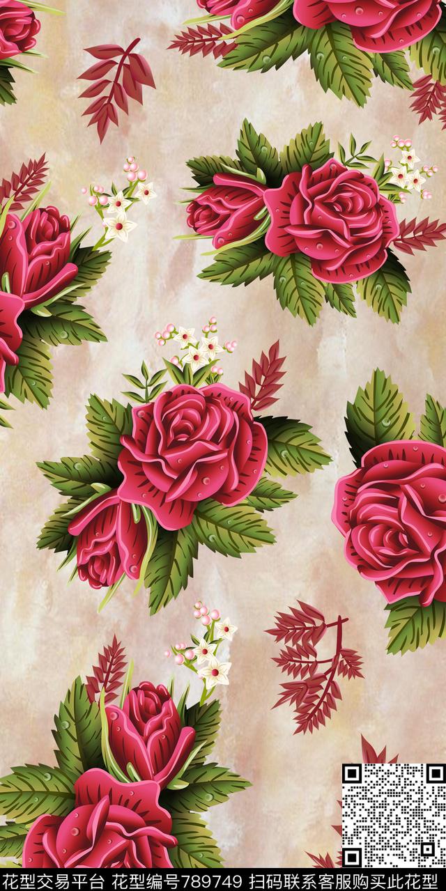 百合玫瑰玉兰花数码印花华亿平台下载（图片编号: 789749） - 瓦栏（Walan）