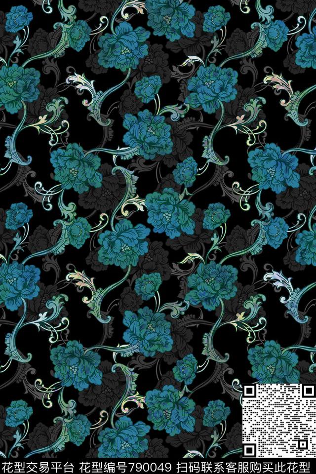 卷草宫廷风民族风数码印花华亿平台下载（图片编号: 790049） - 瓦栏（Walan）