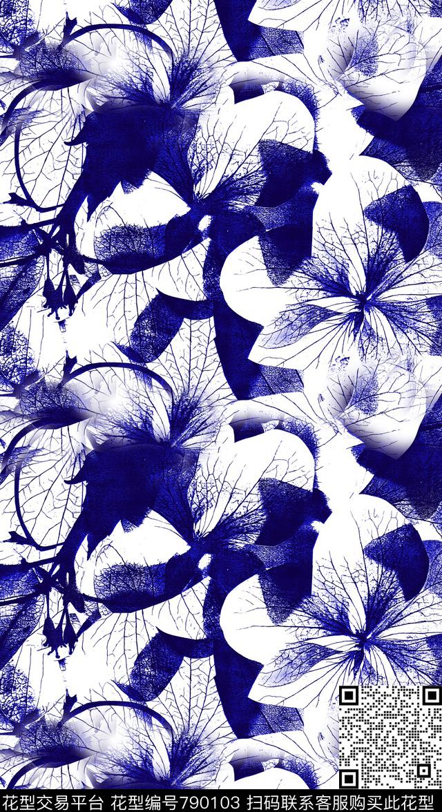 青花多彩花卉数码印花华亿平台下载（图片编号: 790103） - 瓦栏（Walan）