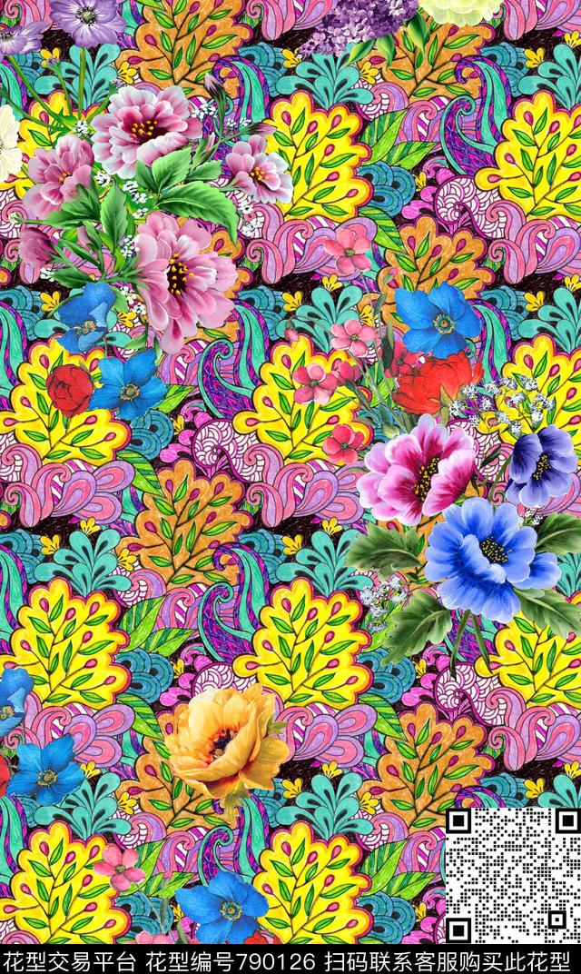花卉几何油画数码印花华亿平台下载（图片编号: 790126） - 瓦栏（Walan）