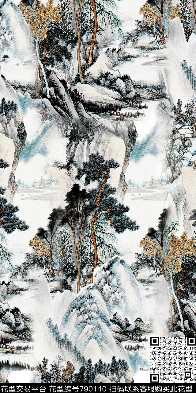 山水中国风趣味数码印花华亿平台下载（图片编号: 790140） - 瓦栏（Walan）