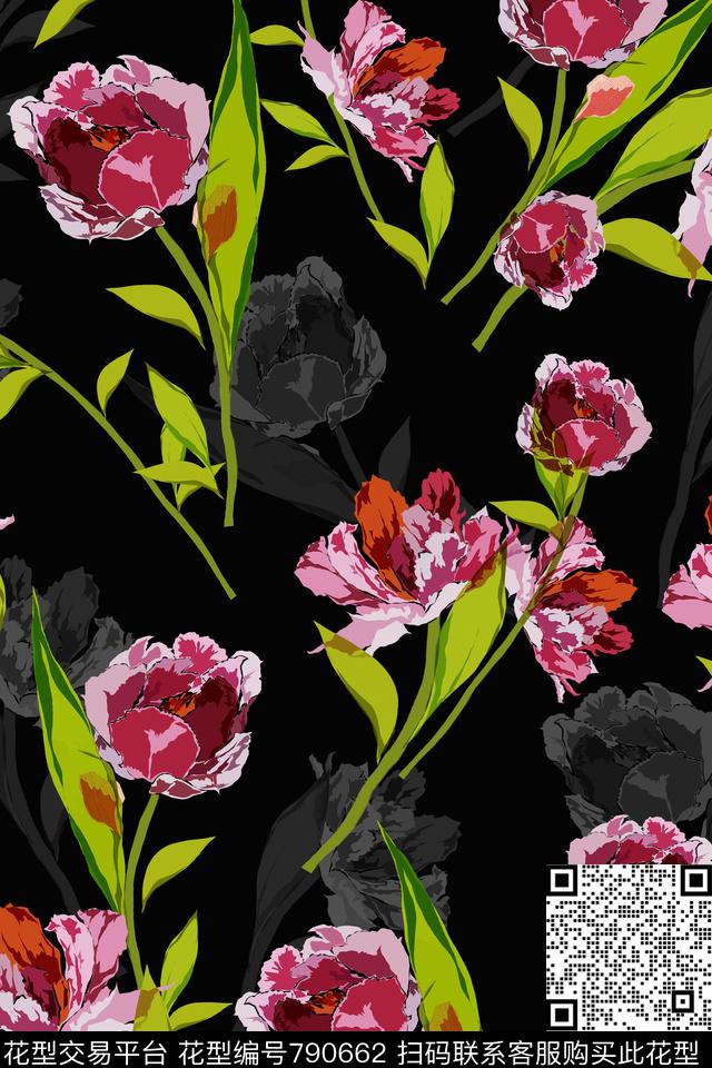 郁金香手绘花卉大花乱花传统印花华亿平台下载（图片编号: 790662） - 瓦栏（Walan）