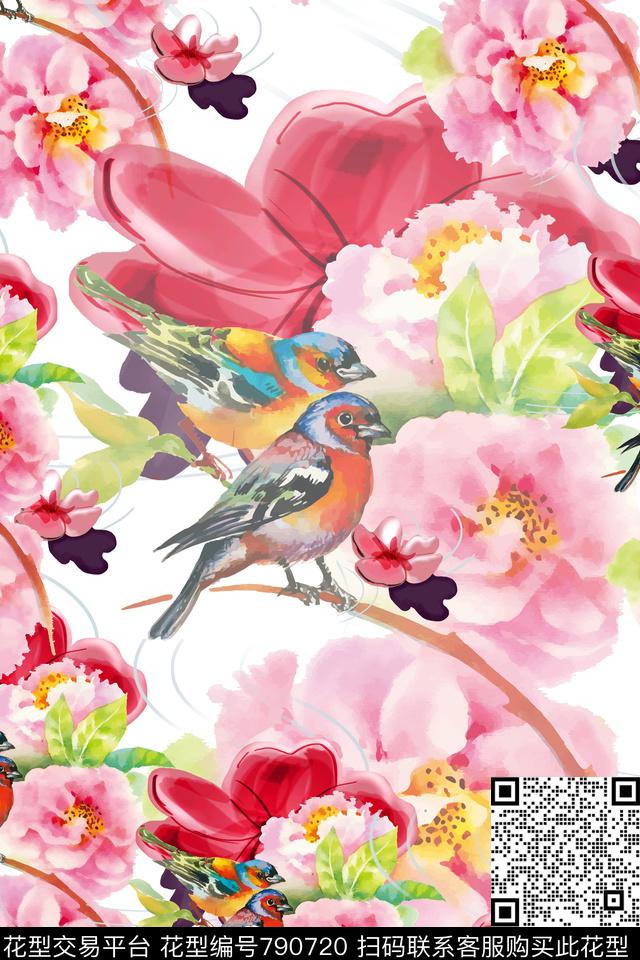 大花牡丹花鸟传统印花华亿平台下载（图片编号: 790720） - 瓦栏（Walan）