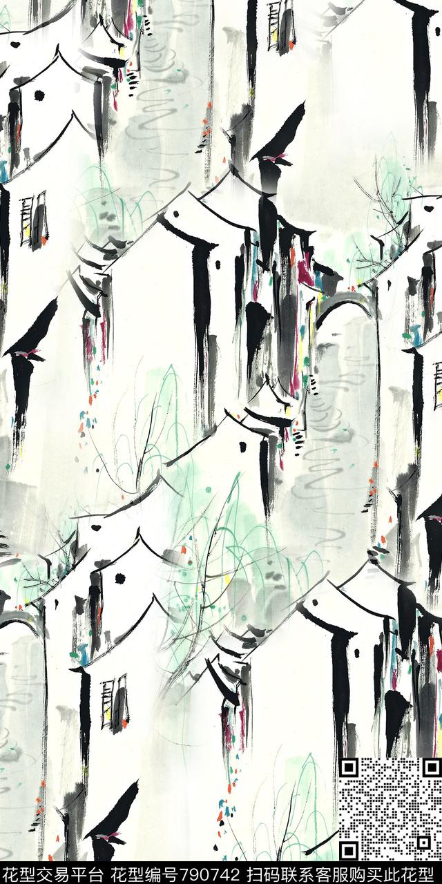 水墨数码印花江南建筑数码印花华亿平台下载（图片编号: 790742） - 瓦栏（Walan）