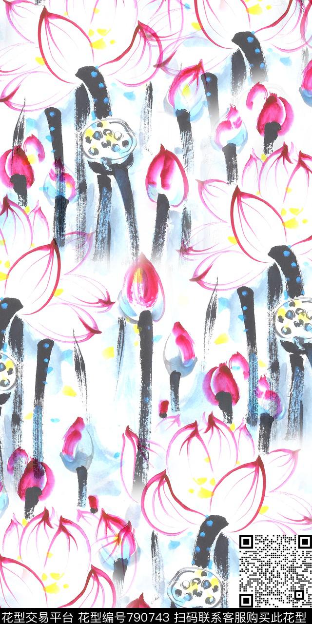 荷花数码印花水墨数码印花华亿平台下载（图片编号: 790743） - 瓦栏（Walan）
