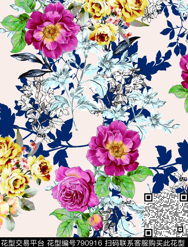 手绘花卉花朵数码印花华亿平台下载（图片编号: 790916） - 瓦栏（Walan）