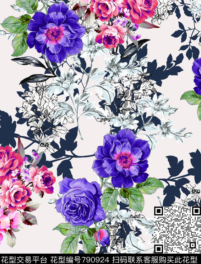 手绘花卉花朵数码印花华亿平台下载（图片编号: 790924） - 瓦栏（Walan）