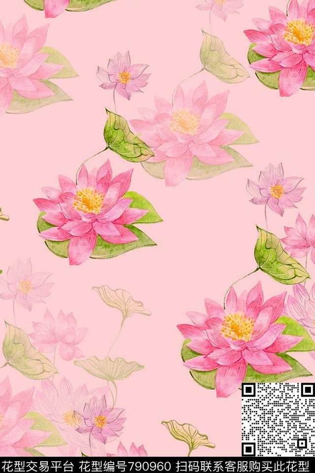 创意荷花手绘花卉数码印花华亿平台下载（图片编号: 790960） - 瓦栏（Walan）