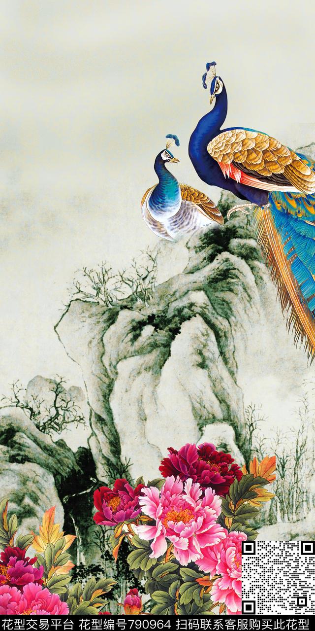 国画孔雀花卉数码印花华亿平台下载（图片编号: 790964） - 瓦栏（Walan）