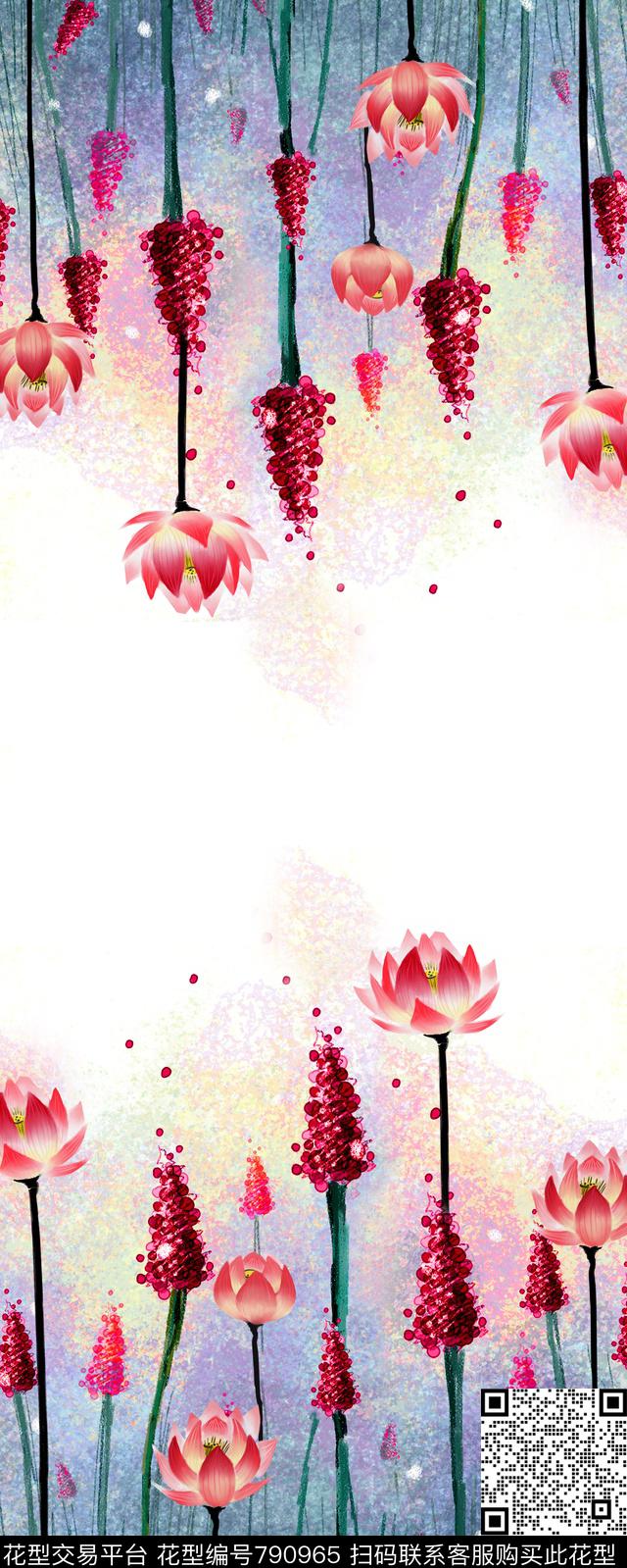 荷花花卉定位数码印花华亿平台下载（图片编号: 790965） - 瓦栏（Walan）