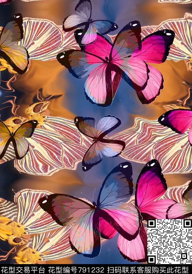 时尚写意写意自然风蝴蝶数码印花华亿平台下载（图片编号: 791232） - 瓦栏（Walan）