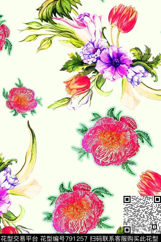 手绘绣花花卉数码印花华亿平台下载（图片编号: 791257） - 瓦栏（Walan）