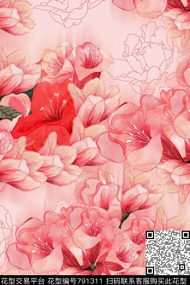 手绘花卉大花玉兰花数码印花华亿平台下载（图片编号: 791311） - 瓦栏（Walan）