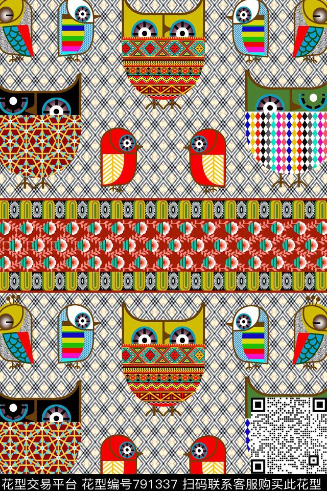 民族风猫头鹰、方格儿童面料传统印花华亿平台下载（图片编号: 791337） - 瓦栏（Walan）