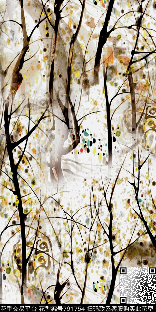 个性抽象风景水墨树枝数码印花华亿平台下载（图片编号: 791754） - 瓦栏（Walan）