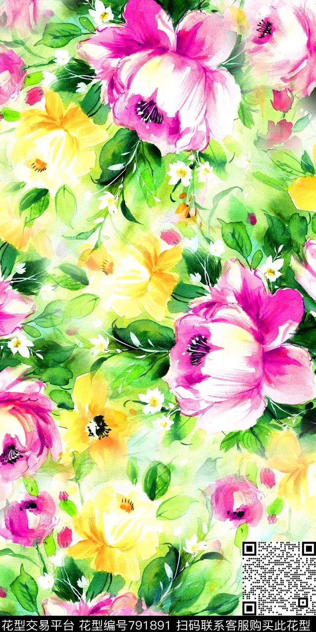 花朵数码印花水彩数码印花华亿平台下载（图片编号: 791891） - 瓦栏（Walan）