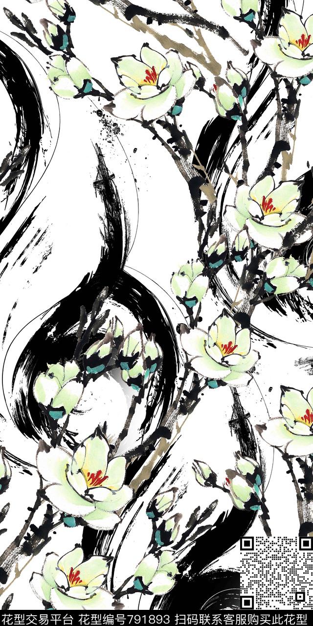 抽象花朵水墨数码印花华亿平台下载（图片编号: 791893） - 瓦栏（Walan）