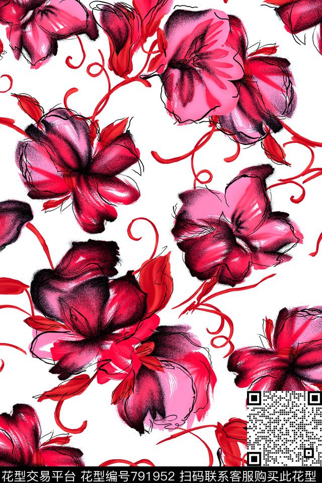 时尚手绘线条数码印花华亿平台下载（图片编号: 791952） - 瓦栏（Walan）