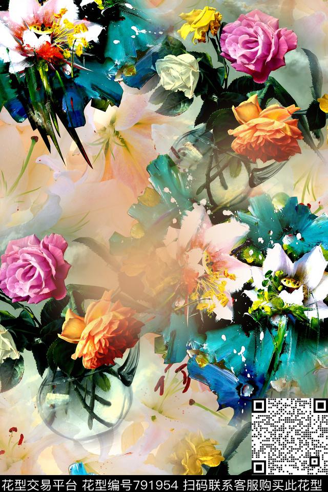 时尚手绘油画数码印花华亿平台下载（图片编号: 791954） - 瓦栏（Walan）