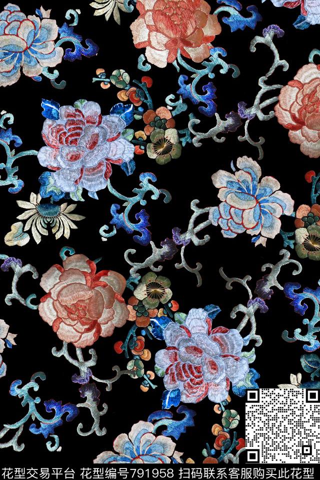 花卉绣花牡丹数码印花华亿平台下载（图片编号: 791958） - 瓦栏（Walan）