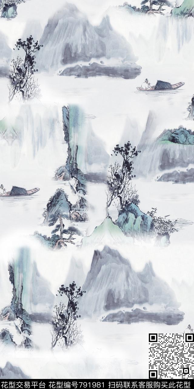 山水水墨中国风数码印花华亿平台下载（图片编号: 791981） - 瓦栏（Walan）