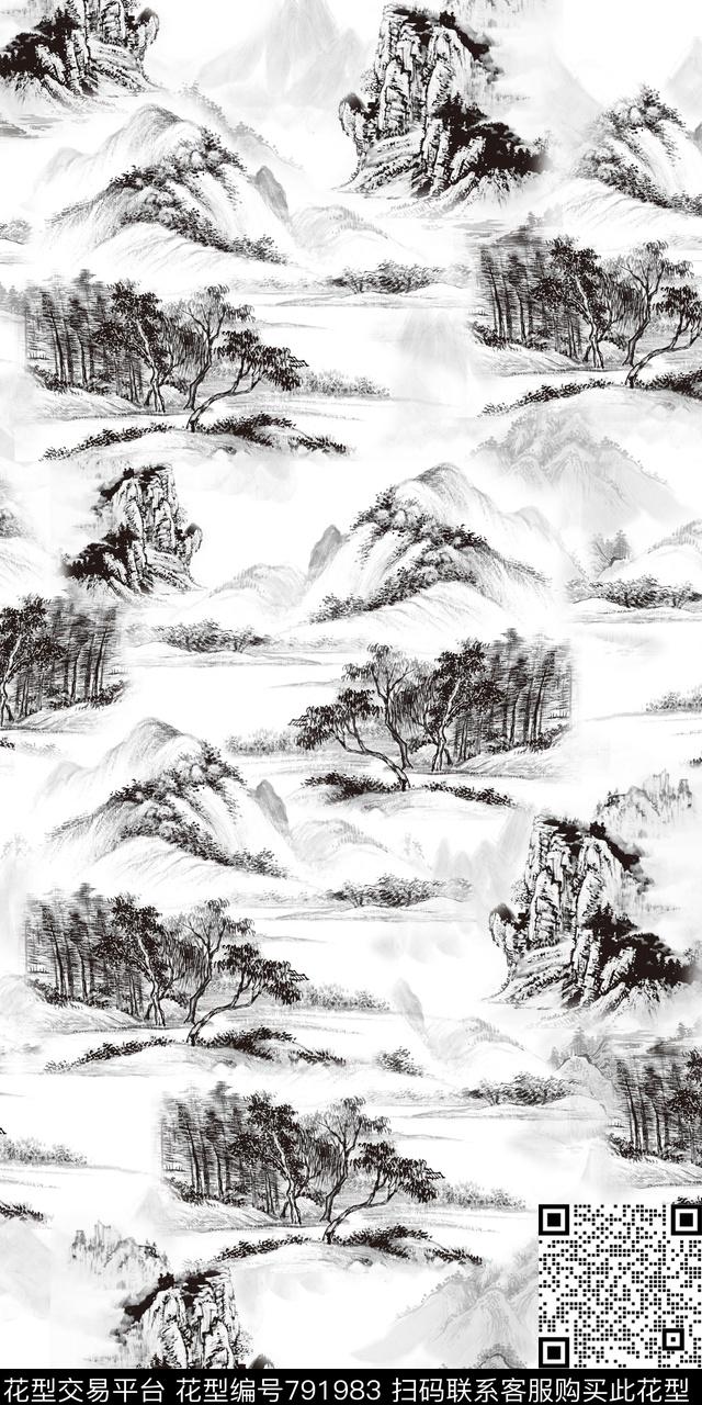 山水水墨中国风数码印花华亿平台下载（图片编号: 791983） - 瓦栏（Walan）