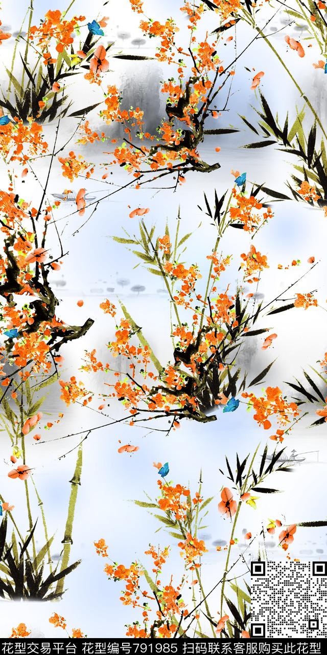 大花山水花朵数码印花华亿平台下载（图片编号: 791985） - 瓦栏（Walan）