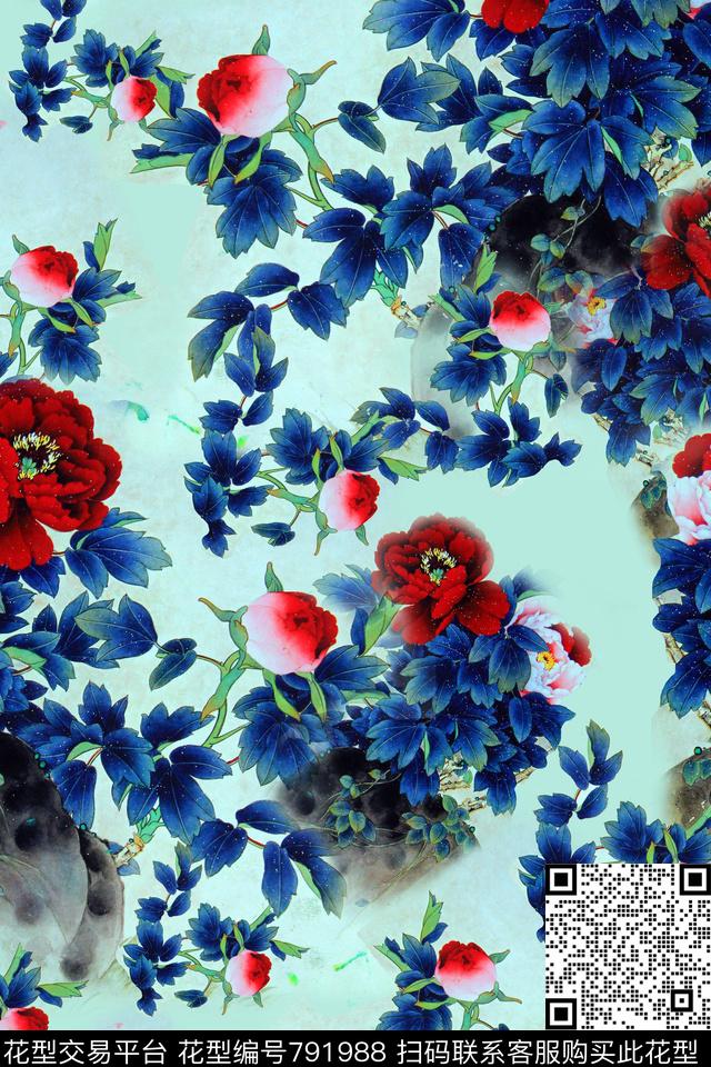 大花花鸟山水数码印花华亿平台下载（图片编号: 791988） - 瓦栏（Walan）