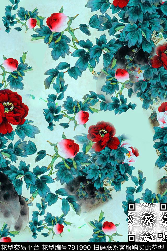 大花花鸟山水数码印花华亿平台下载（图片编号: 791990） - 瓦栏（Walan）