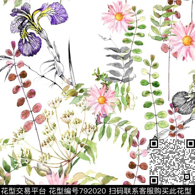 手绘大花水彩数码印花华亿平台下载（图片编号: 792020） - 瓦栏（Walan）